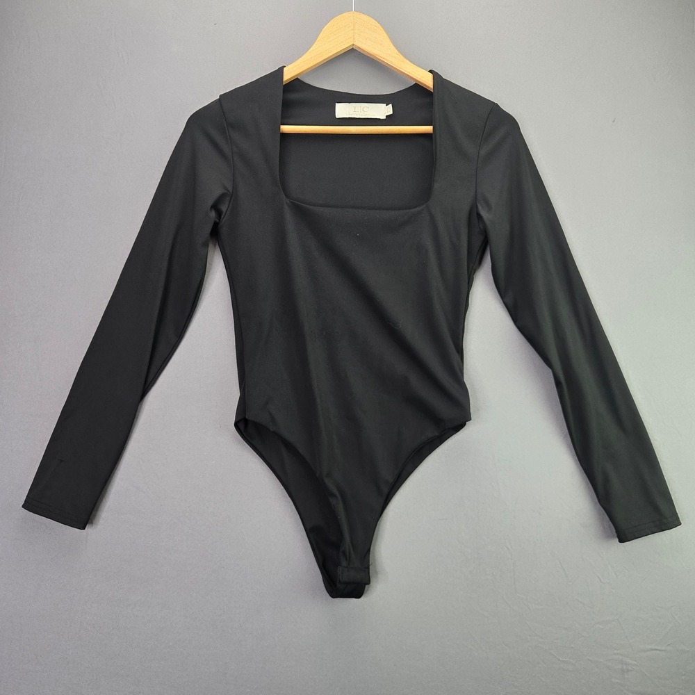 Lizette Collection Bodysuit Square Neck Long Sleeve Large Black Stretch 3748